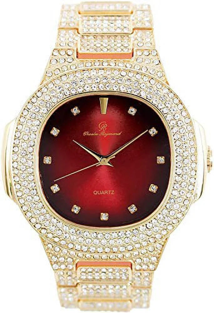 Bling'ed Out King and Queen Hip Hop Watch Set Perfect Power Couples to Flaunt On and Off The Dance Floor - ST10325/ST10364 His&Hers (Gld Blood Red)