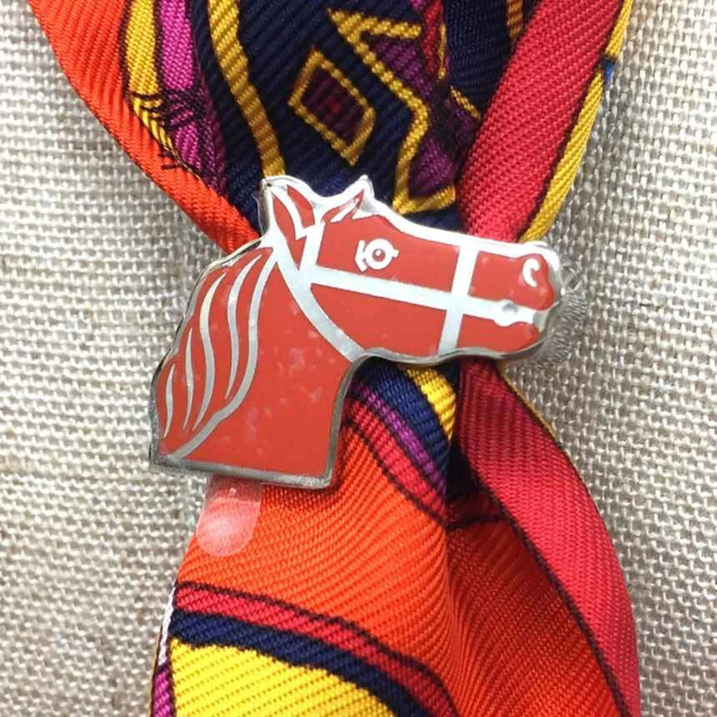 Pre-Owned HERMES Twilly Ring Quadrige Scarf Muffler Orange/Silver 2022 Collection Hermes Women's (Like New)