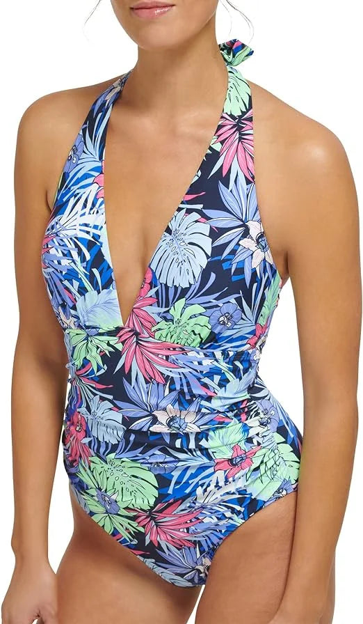 Tommy Hilfiger NEO MINT ALOHA FLORAL Standard Halter One-Piece Swimsuit, US 12