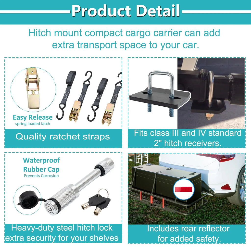 60" x 24" x 6" Hitched Mounted Folding Cargo Basket with a 500 lb Capacity Car SUV Truck Trailer, Black