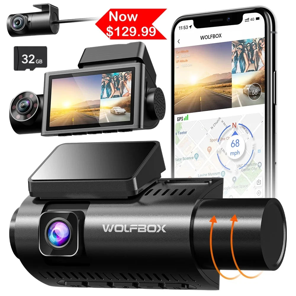 WOLFBOX 4K Dash Cam 3 Channel, WiFi&GPS, 3" LCD DashCam Front and Rear with Super IR Night Vision, Loop Recording, G-Sensor, 24H Parking Monitor