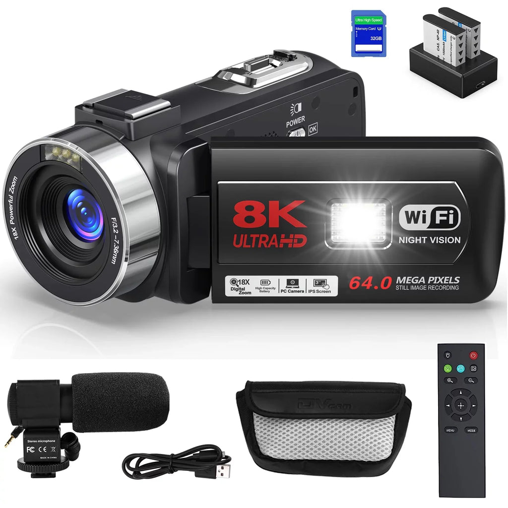 MARVUE 8K Video Camera 64MP 18X Digital Camera Video Camera Youtube 3.0 inch Flip Screen Camcorder Vlogging Camera with 32GB SD Card, 2.4G Remote Control, Two Batteries and External Mic