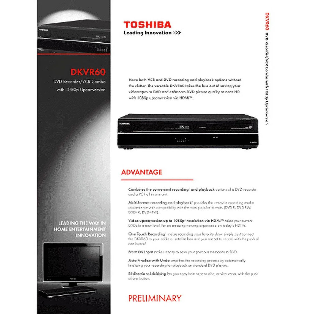 Toshiba DKVR60 (NEW) DVD/VCR Recorder Combo AV, Manual, Remote Included