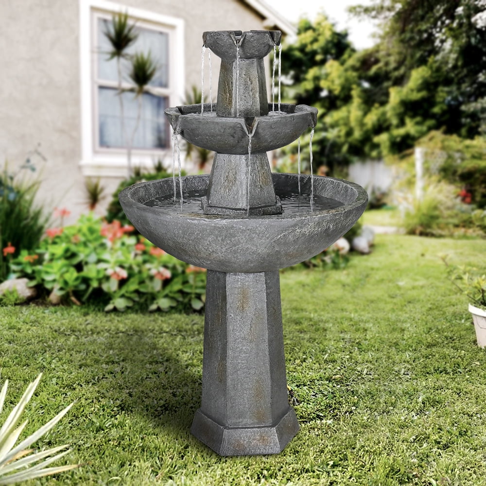 3 Tier Freestanding Waterfall Fountain, 43.3in H Outdoor Fountain with Bird Bath Decor Garden Patio Backyard Deck Home Lawn Porch