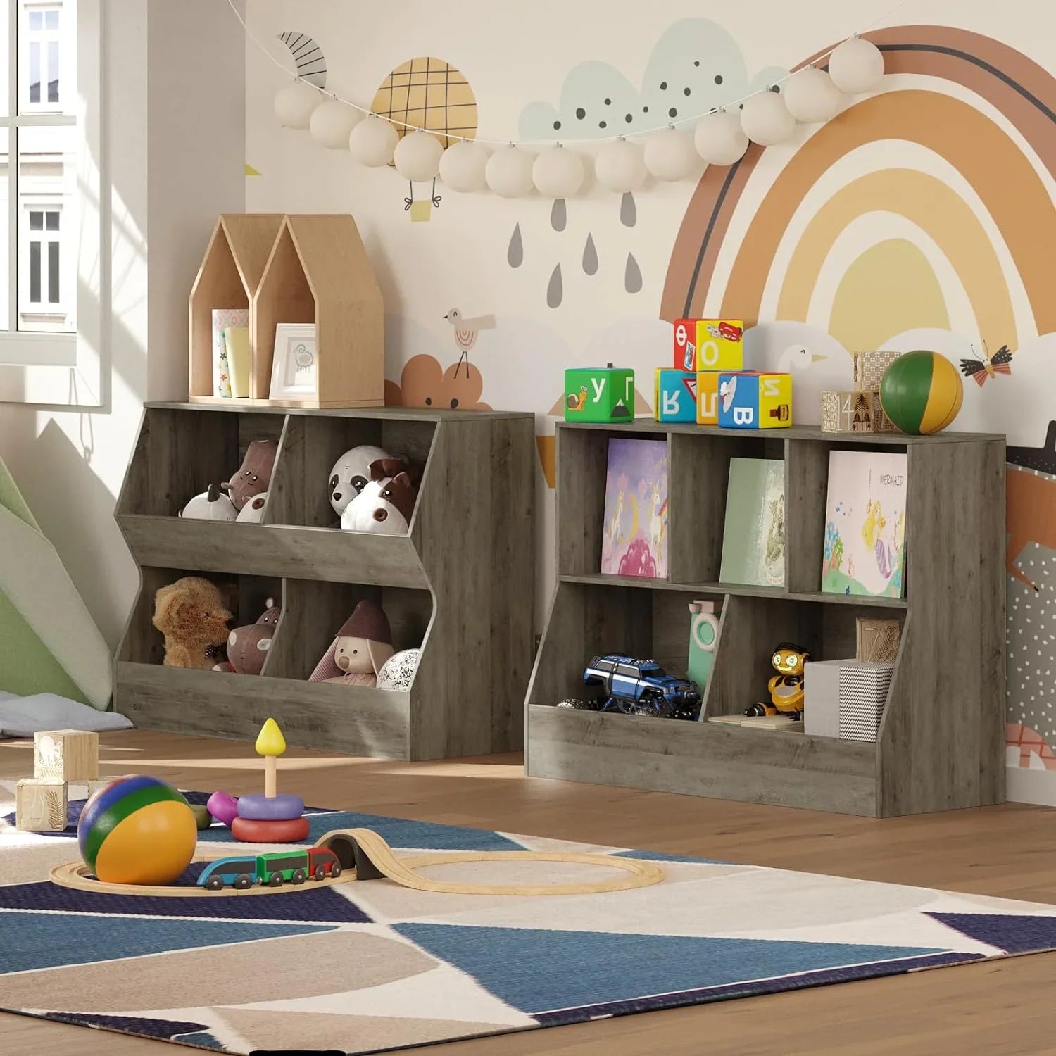 JIAH Kids , Toy Storage Organizer, Wooden Toy Storage Cabinet, 4 Cubby Children Bookcase, Toddler Book Toy Shelf Bedroom, Nursery, Hallway, School, 39.4" Long, Gray Wash