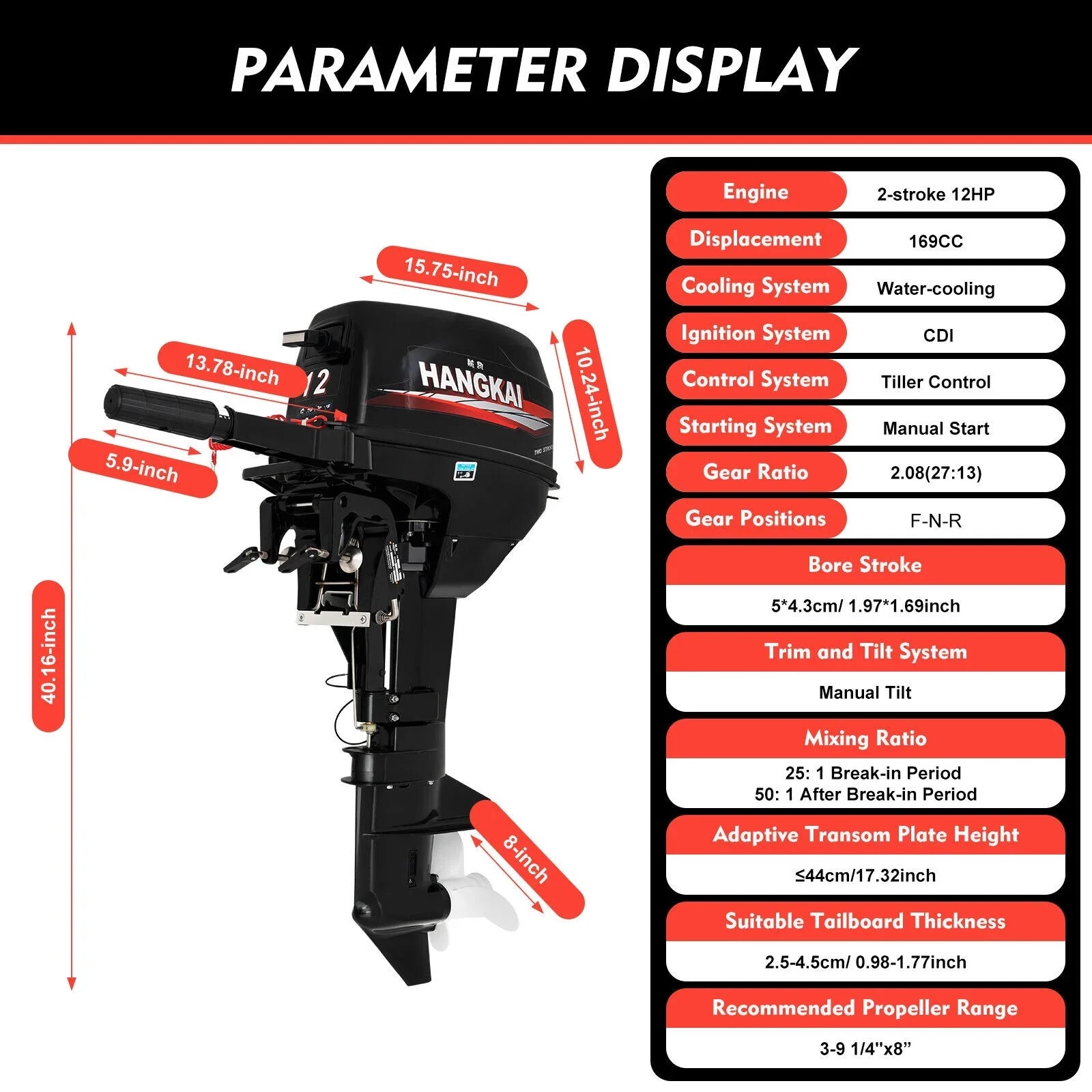 Outboard Motor, 2 Stroke 12 hp 169cc Heavy Duty Watercraft Engine Fishing Vessel Motor w/CDI System Water Cooling System (2 Stroke 12 hp)