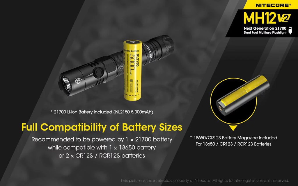 Nitecore MH12 V2 CREE XP-L2 V6 LED Flashlight -1200 Lumens -21700 Battery (Included)