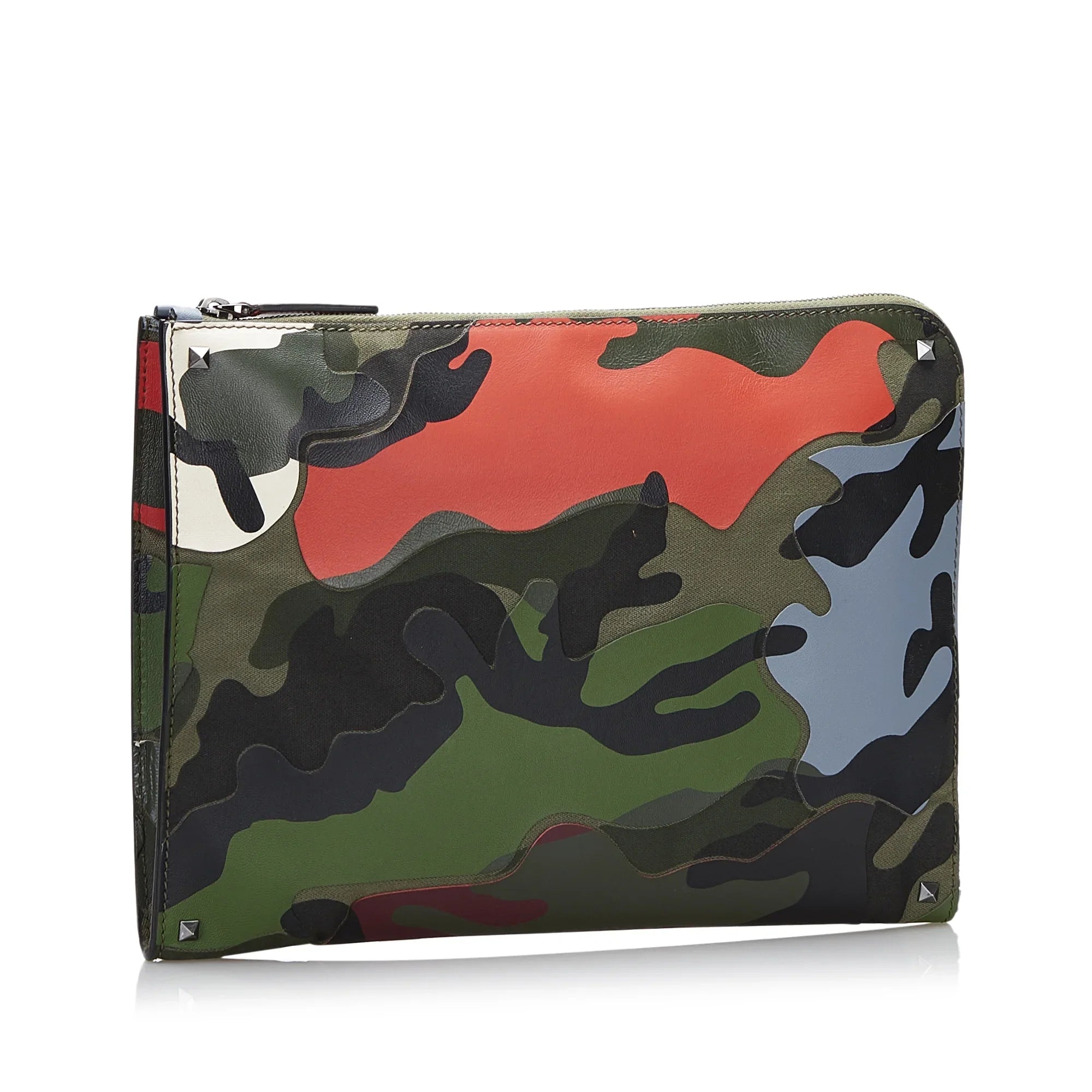 Pre-Owned Authenticated Valentino Camouflage and Leather Clutch Bag Canvas Fabric Green WristletBag Unisex (Good)