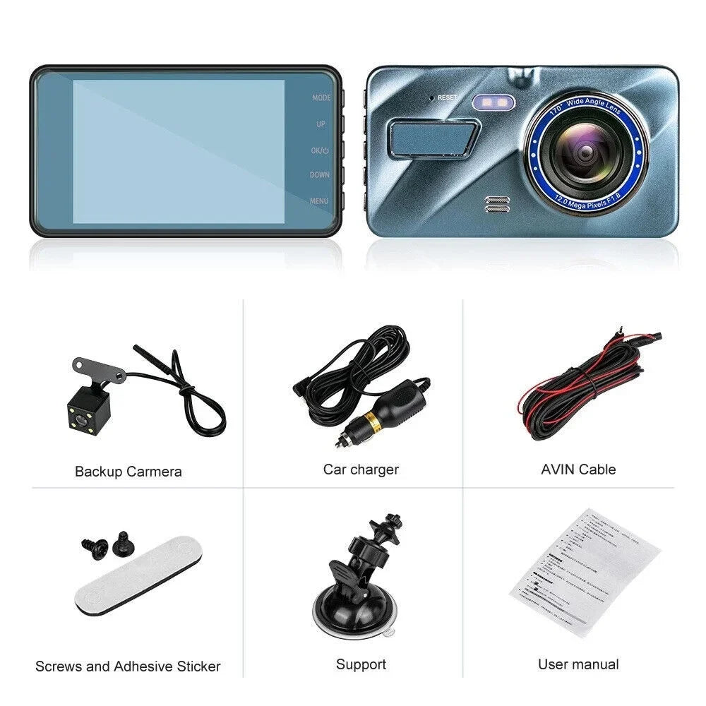 Onemayship HD 1080P Car Dual Lens Dash Cam 4" DVR Recorder Front & Rear Camera Night Vision