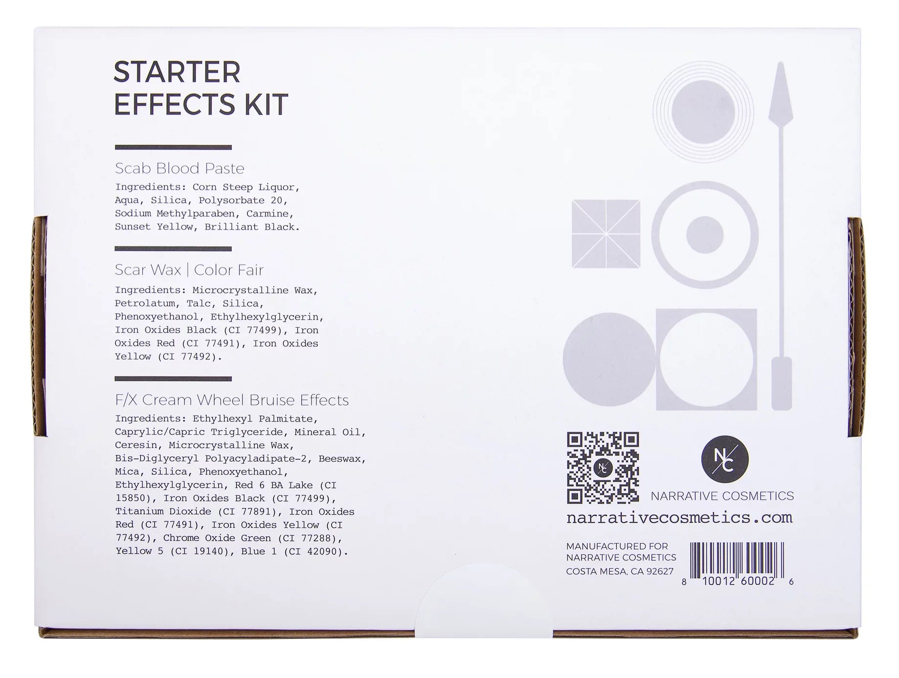 Narrative Cosmetics Starter Effects Kit - 6 Color Bruise Wheel, Scar Wax with Double Sided Spatula, Scab Blood Paste, and Foam Makeup Sponge Block - Perfect Special FX and Theatrical Makeup
