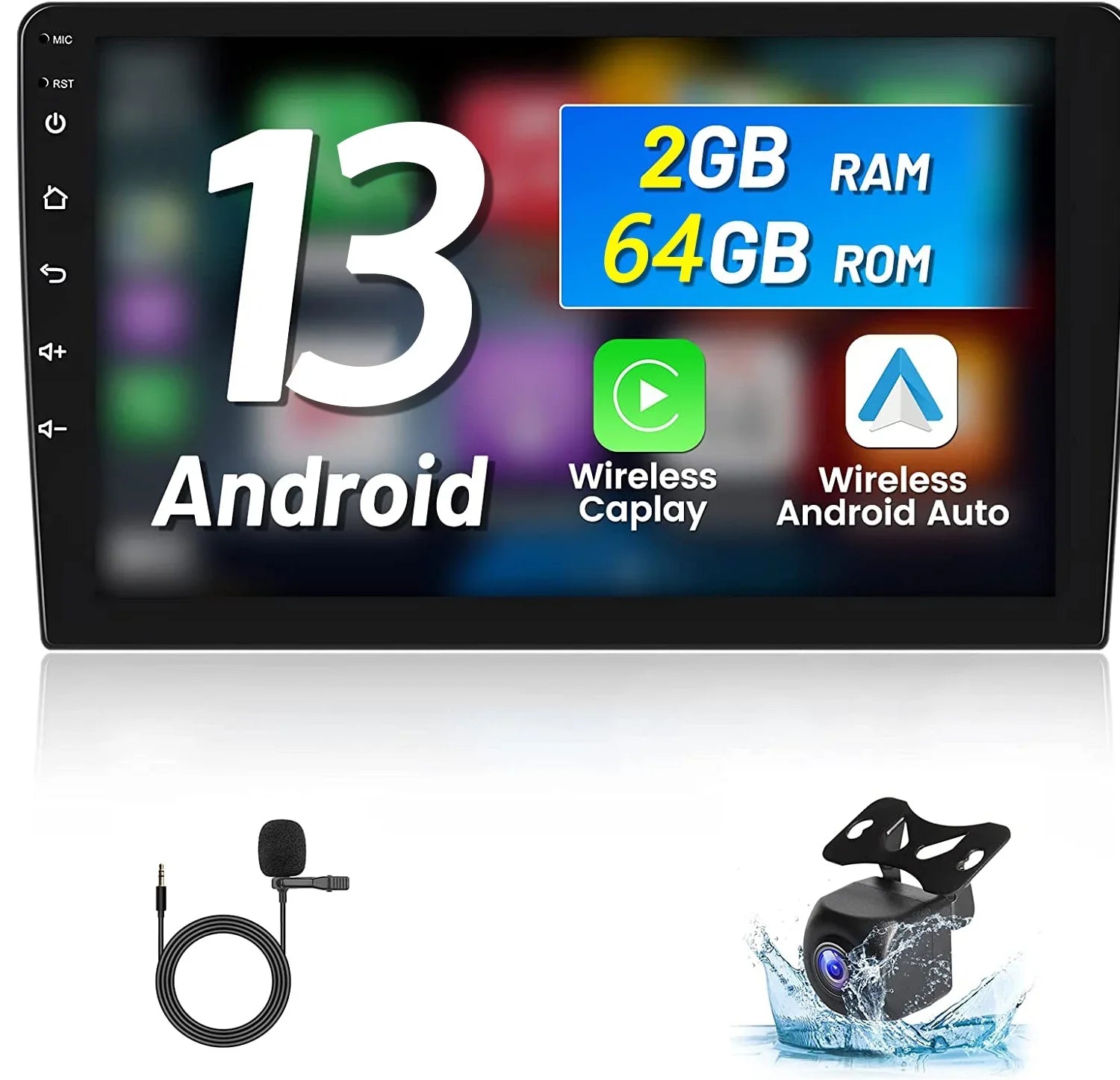 Podofo 2+64G Universal 9'' Double Din Car Stereo Radio Wireless Carplay Android Auto Mirror Link Touch Screen 1080P Car Multimedia Player Bluetooth USB WIFI GPS FM, Microphone&AHD Backup Camera
