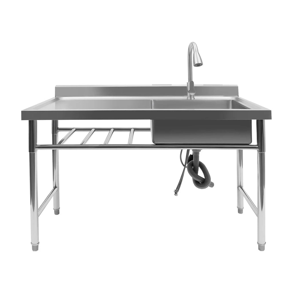 Aiqidi 47" Freestanding Stainless Steel Utility Sink, 1 Compartment Commercial Restaurant Kitchen Sink Washing Hand Basin w/Catering Prep Table & Pull-Out Faucet & Drainpipe