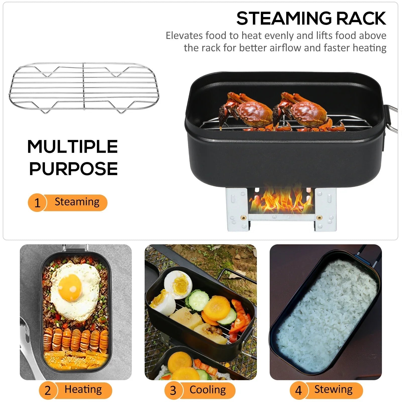 FlyFlise 4pcs Cookware Mess Kit 800ml Camping Lunch Box with Alcohol Stove Steaming Rack Cutting Board Backpacking Hiking Fishing Mountaineering
