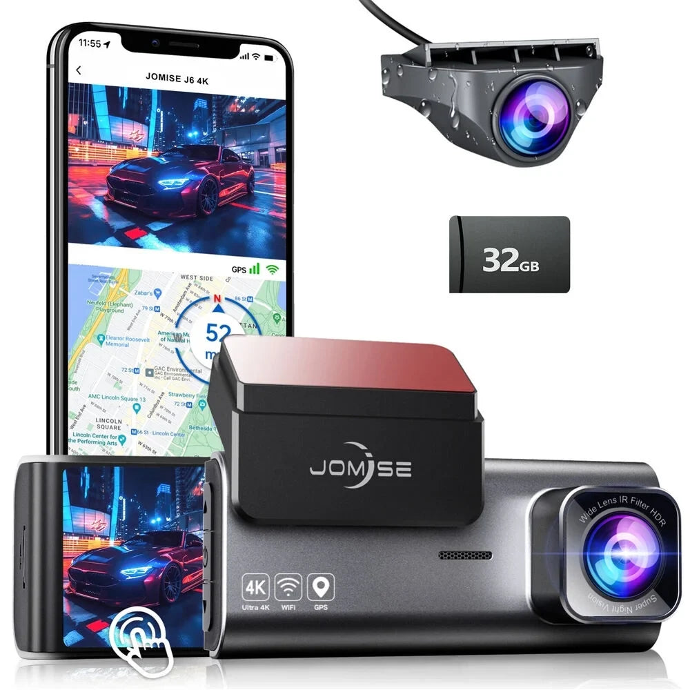 JOMISE Dual Dash Cam Front Rear 4K Full HD Camera Cars Wi-Fi GPS 170° G-Sensor Night Vision