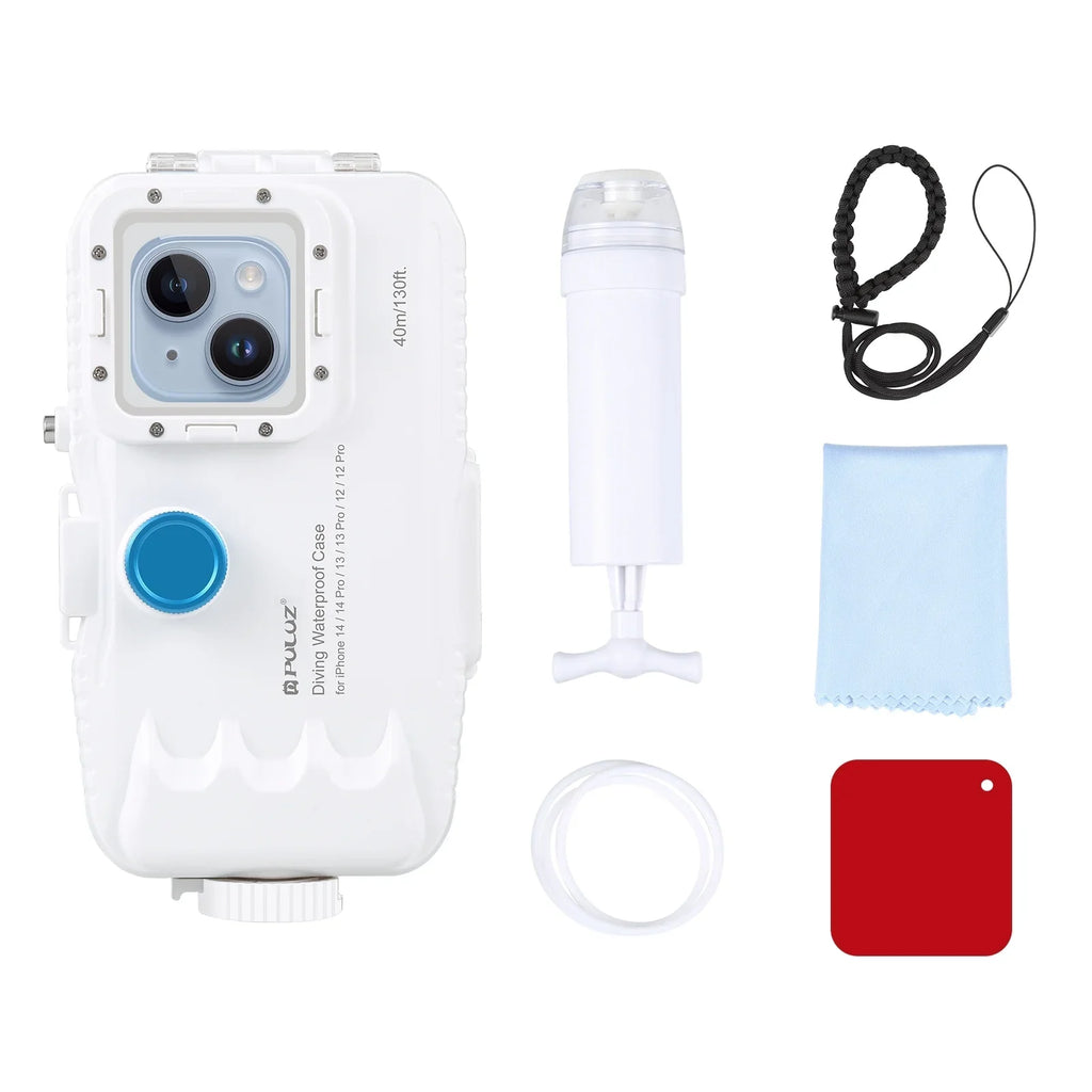 PULUZ 40M131ft Waterproof Phone Case Diving Case Smartphone Underwater Housing Protective Case with Red Filter Neck Strap Cleaning Cloth Replacement 14/ 14 / 13/ 13 / 12/ 12 P