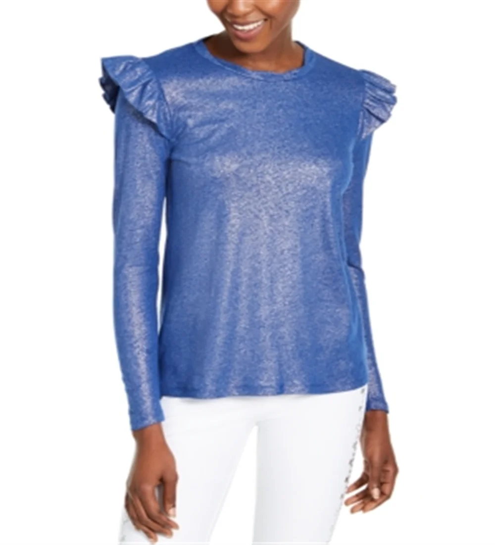 MICHAEL KORS Womens Blue Ruffled Metallic Long Sleeve Jewel Neck Top Size: L