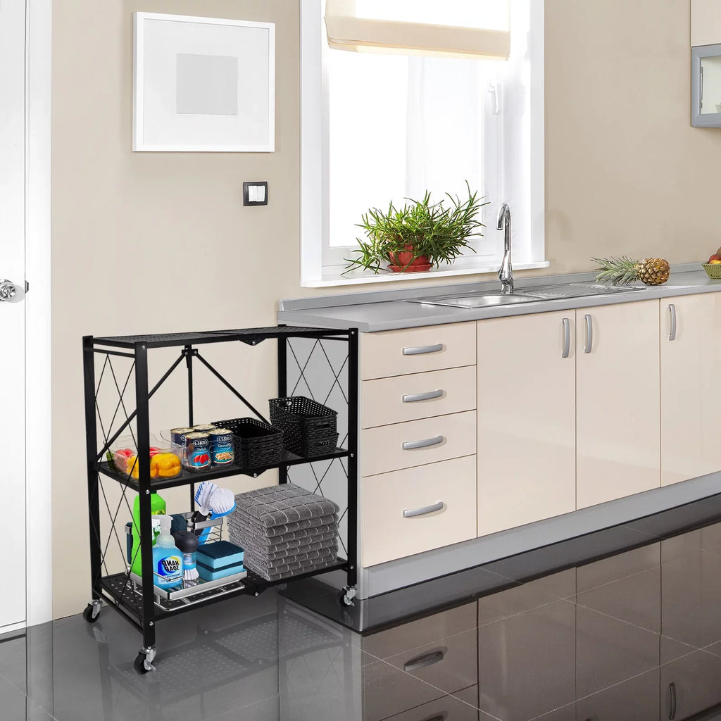 3-Tier Storey Heavy Duty Foldable Metal Rack Storage Shelving Unit with Easy Moving Organizer Shelving Suitable Garage Kitchen, Black