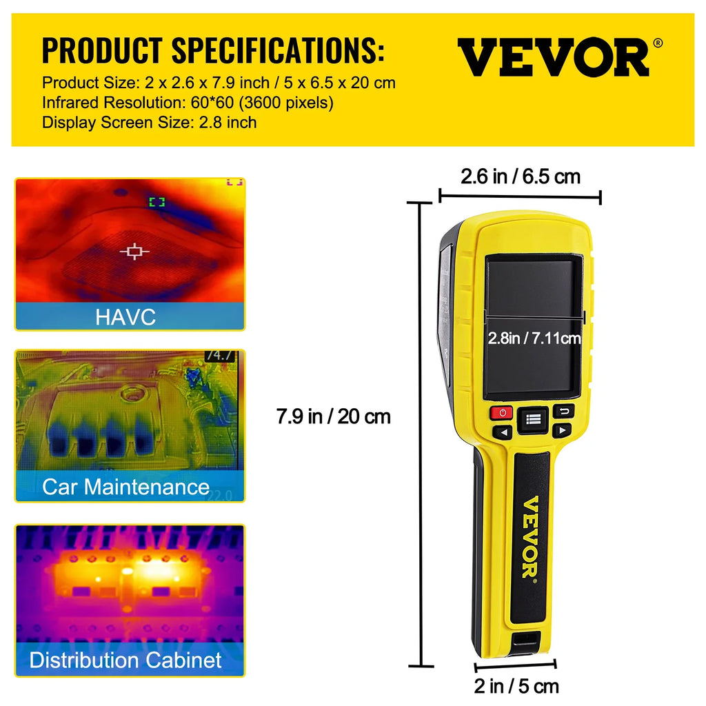 VEVOR Thermal Imaging Camera, 60x60 (3600 Pixels) IR Resolution Infrared Camera with 2.8" Color Display Screen, Built-in SD Card and Li-ion Battery, HVAC, Electrical System Automatic Detect