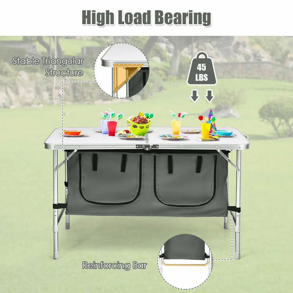 Grey Folding Camping Table with Height Adjustable Aluminum Frame and Storage Organizer