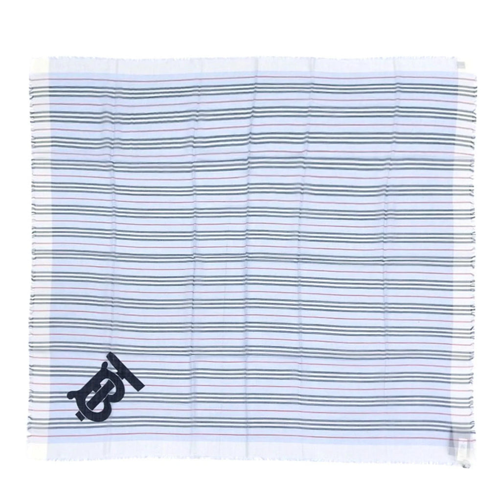 Pre-Owned Burberry BURBERRY scarf border stripe wool silk light blue 80173691 (Like New)