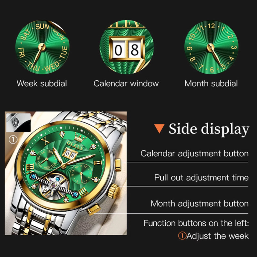OLEVS Automatic Watches Men Luxury Business Dress Mens Watches Diamond Skeleton Self-Winding Stainless Steel Band