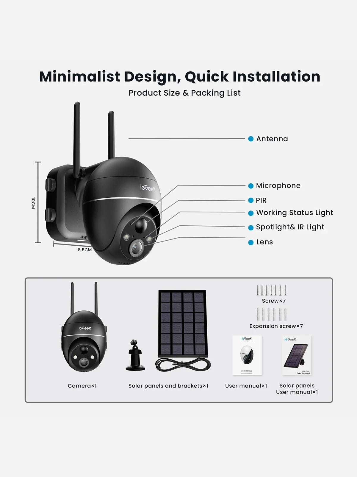 Solar Outdoor Wireless Security Camera WiFi, Spotlight & Siren, PTZ 360° View, 2K/3MP Color Night Vision, Outdoor Surveillance Camera with PIR Motion Detection, Work with Alexa