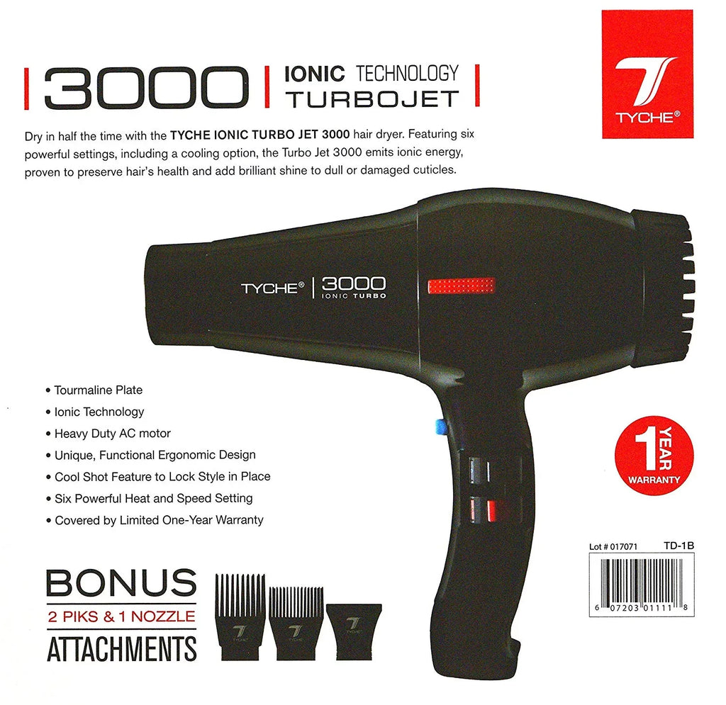 Tyche Turbo 3000 Black Professional Ionic Ceramic Tech Hair Dryer (1 Year Warranty) Dries Hair Fast Negative Ions, Infrared Hair Shine Electromagnetic Radiation Heat & Air Distribution Power