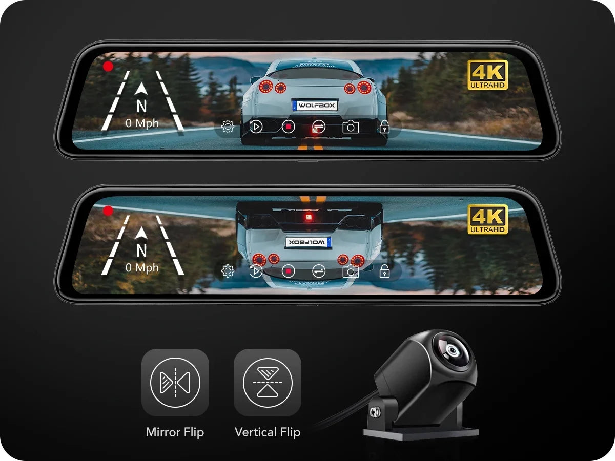 WOLFBOX Rear View Mirror Dash Camera, 12" 4K Mirror Dash Cam, Backup Camera with Full Touch Screen, Parking Monitor, Free 32GB Card & GPS