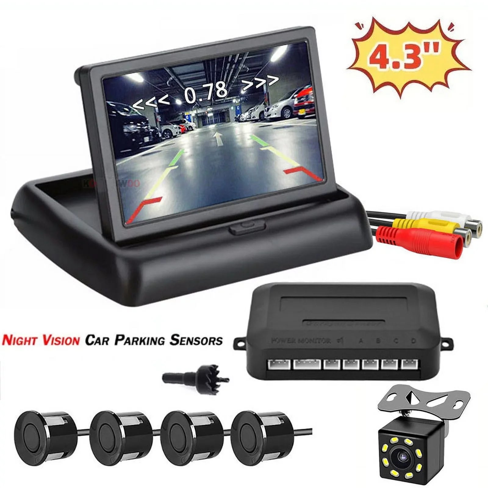 4.3in Backup Camera and Monitor HD Car Rear View Reverse Night Vision Parking Kit+Universal Blind Spot Sensor Warning System Radar Monitoring Detection Set