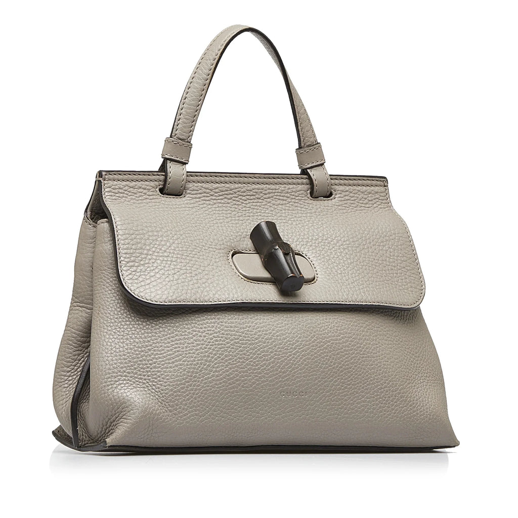 Pre-Owned Authenticated Gucci Medium Bamboo Daily Calf Leather Gray Satchel Unisex (Good)