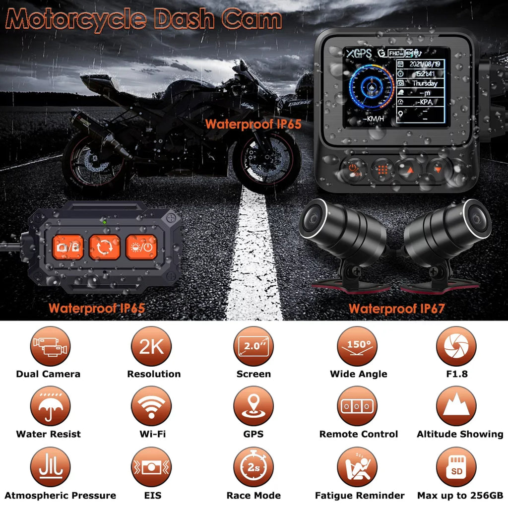 ZOMFOM MD20 Dual 2K 30fps/1080P 60fps Motorcycle Camera, All Waterproof Dash Cam 2'' LCD Front and Rear 150° Wide Angle with Wired Remote, Wi-Fi, GPS, EIS and Race Mode, Max up to 256GB