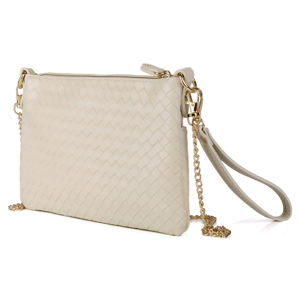 Julia Buxton Women's Basketweave Everywhere Convt Pouch Vegan Leather, White Pepper