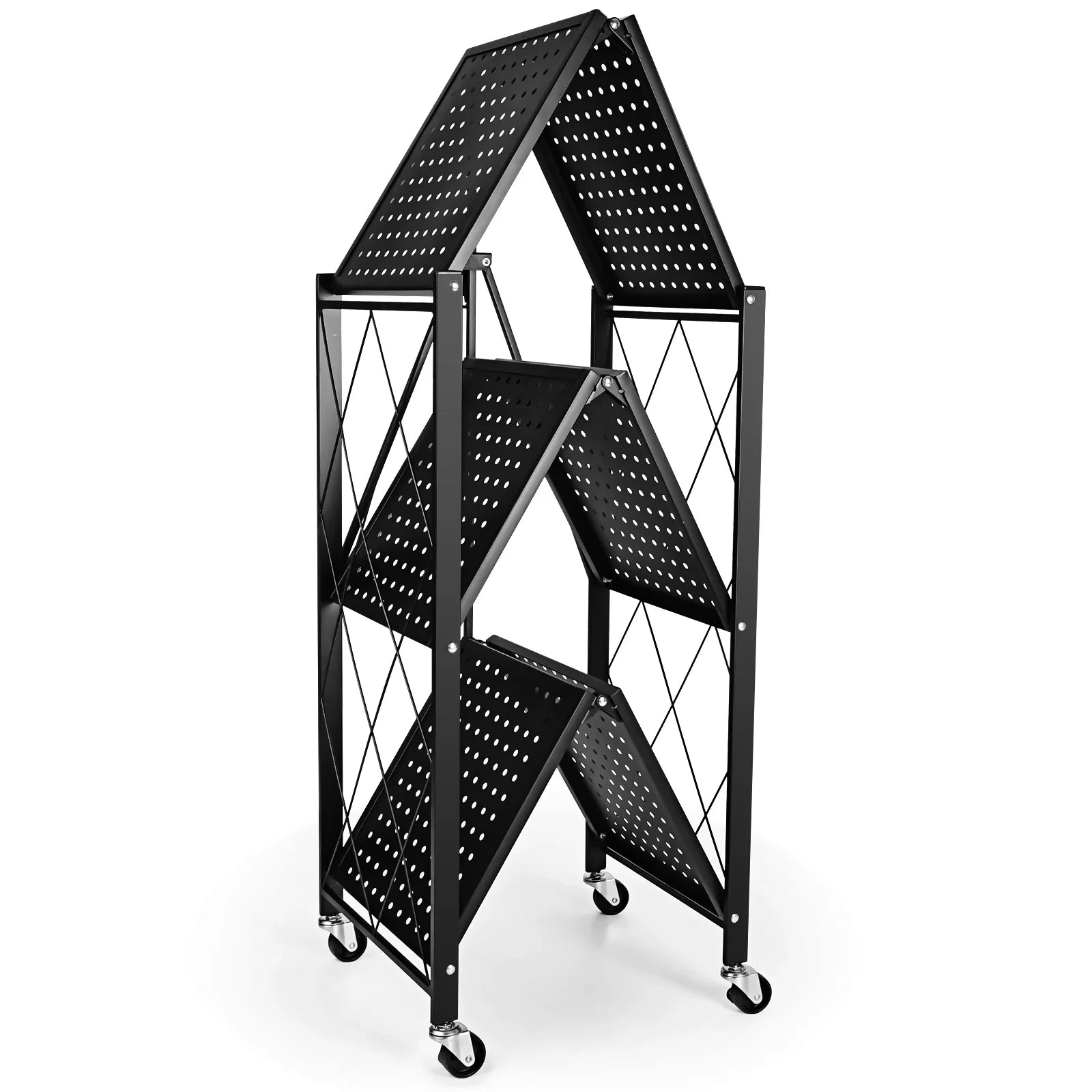 3-Tier Storey Heavy Duty Foldable Metal Rack Storage Shelving Unit with Easy Moving Organizer Shelving Suitable Garage Kitchen, Black
