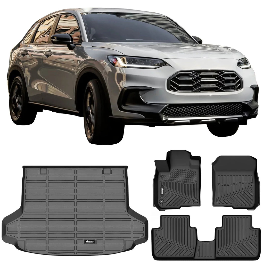 Ikon Motorsports Floor Mats & Trunk Mat With 2023-2024 Honda HR-V, Black 3D Molded Carpets Liner 1st 2nd Row Front Rear Boot Tray Shield Protection Cargo Pad TPE All Protector