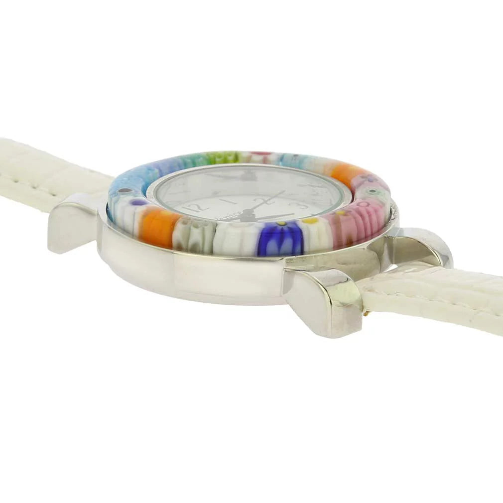 GlassOfVenice Serena Murano Millefiori Watch With Leather Band - White