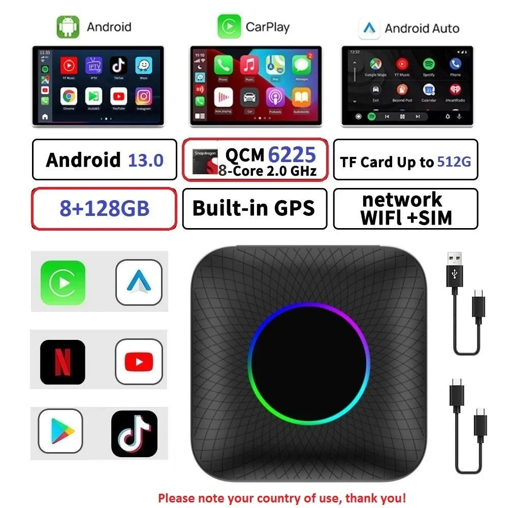 Carlinkit Ai Box Android 13 Led Wireless Android Auto & Apple CarPlay Smart Tv Box QCM6225 For Youtube Netflix Car Accessories