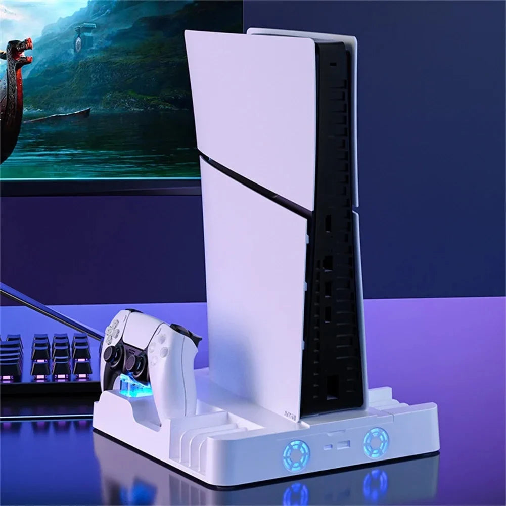 Stand Cooling Station PS5 Slim Game Console with Dual Controller Charging Station Game Slots Game Console Accessories-White