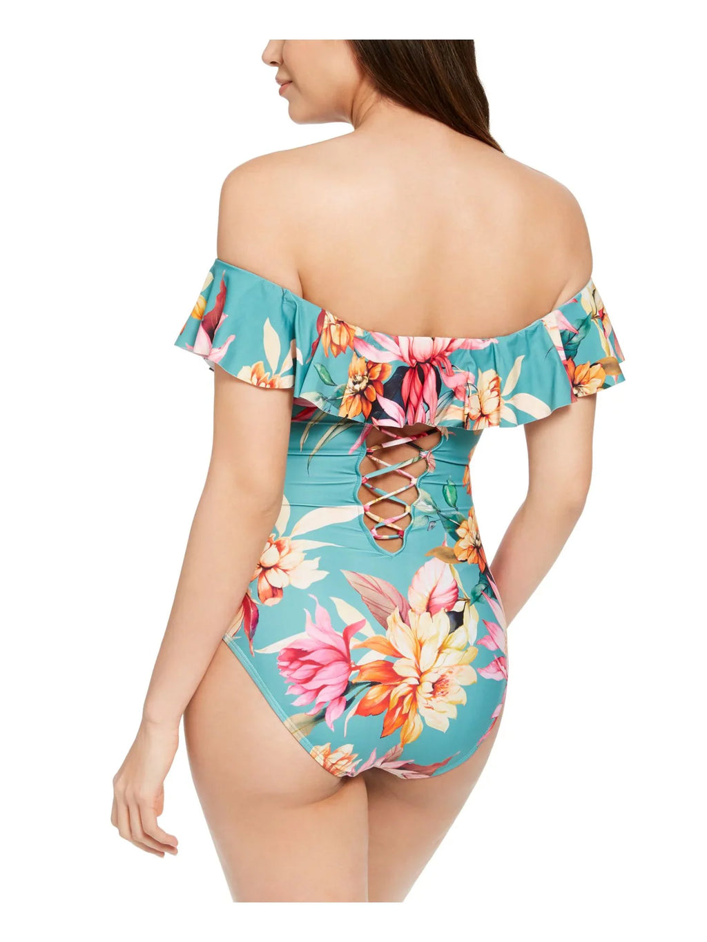 LA BLANCA Women's Blue Floral Stretch Lined Lace-up Back Ruched Ruffled Molded Cup Garden Off The Shoulder One Piece Swimsuit 4