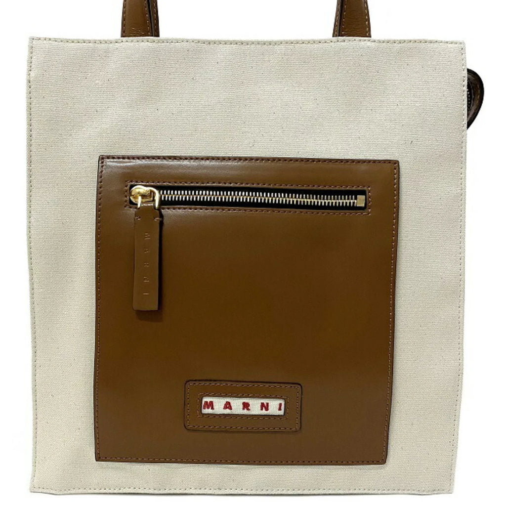 Pre-Owned Marni Tote Bag Natural White Brown SHMP0068Q0 P2994 Canvas Leather MARNI Handbag Bicolor Ladies (Like New)