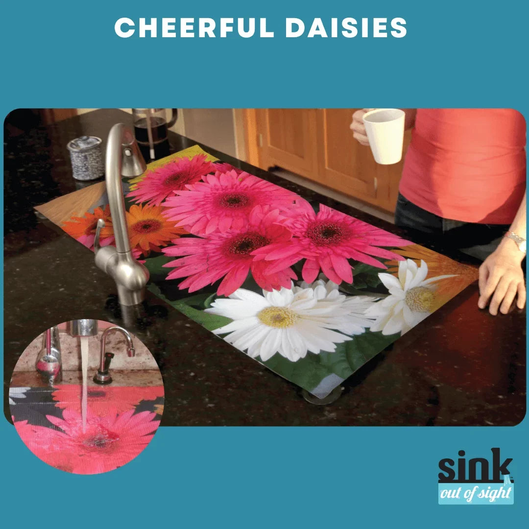 Sink Out of Sight- Home Décor Kitchen Sink Wrap Hot/Cold Liquids and Debris Pass Through Coating 2 Adjustable Sizes. Design: Cheerful Daisies Size: Double Sink 39.5" x 20" SK2-CD