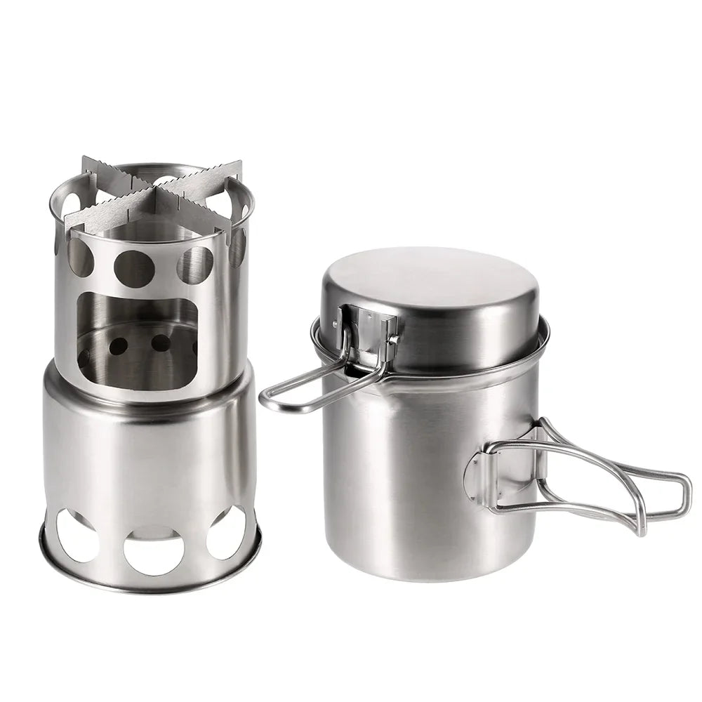 Arealer Portable Camping Stove Combo Wood Burning Stove and Cooking Pot Set Backpacking Fishing Hiking