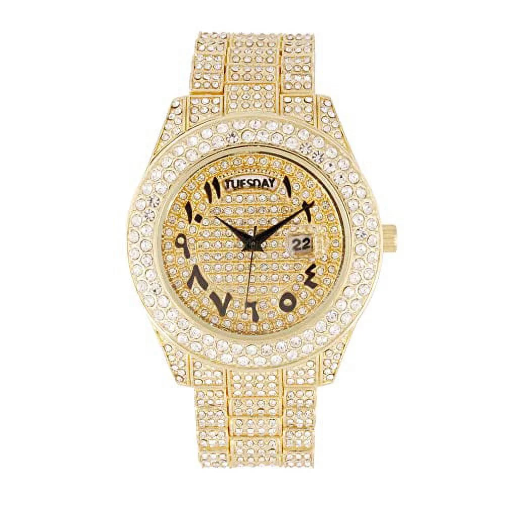 Charles Raymond Big Rocks Fully Iced Out Diamond Mens Watch w/Easy Read Date & Day - Designer Hip Hop Blinged Out Timepiece - ST10535 (ST10536-AN Gold -C)