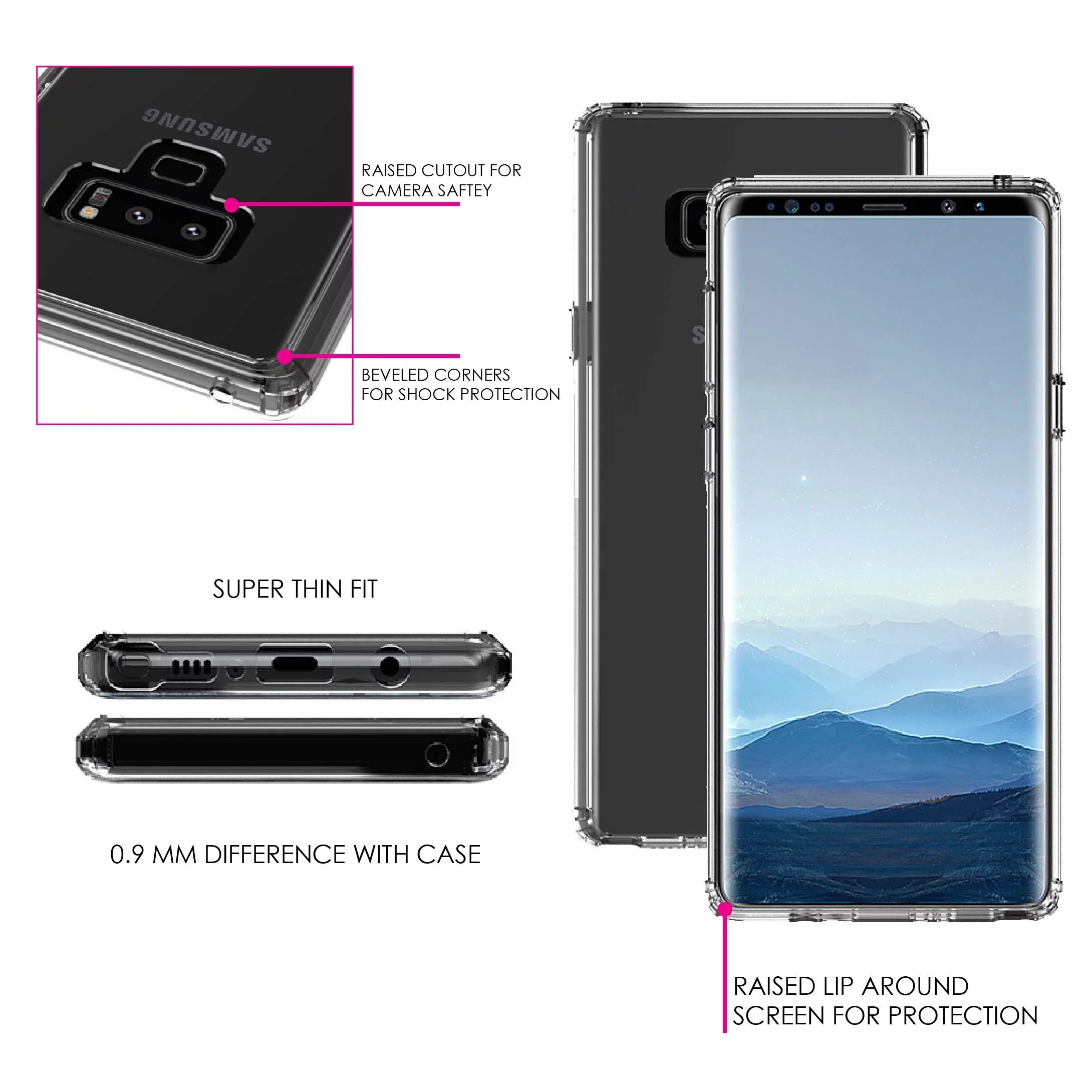 DistinctInk Clear Shockproof Hybrid Case Samsung Galaxy Note 9 - TPU Bumper, Acrylic Back, Tempered Glass Screen Protector - Faith / Hope / Love - Black & White - Christ