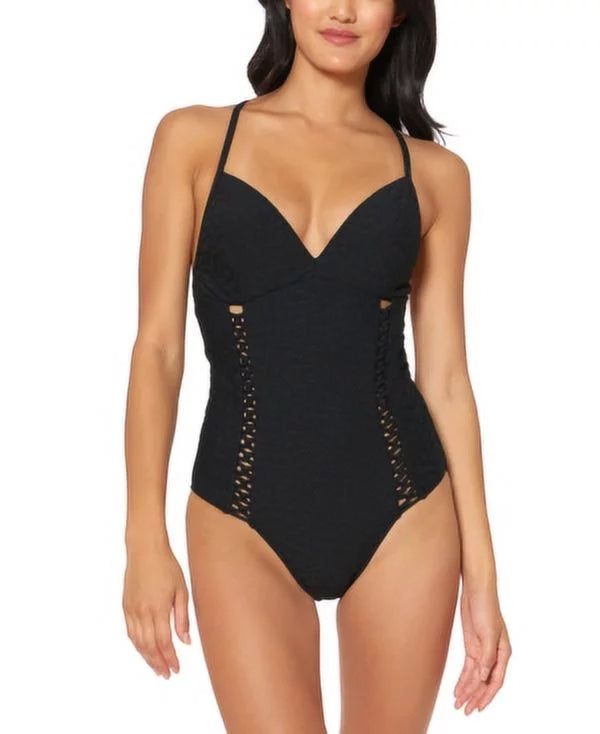 Jessica Simpson BLACK Rose Bay Textured One-Piece Swimsuit, US Small