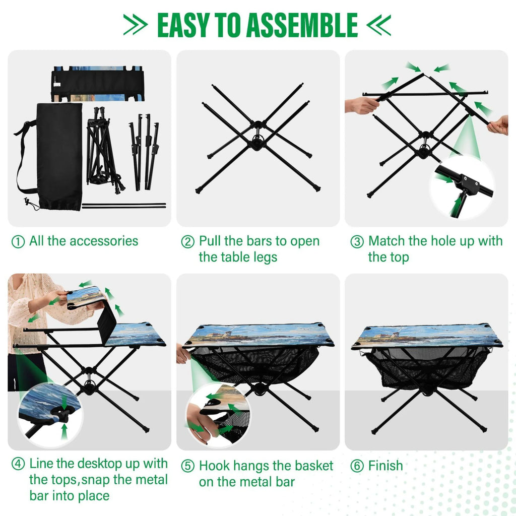 Landscape Paint Camping Foldable Portable Table Beach Table with Storage Bag Compact Picnic Table Outdoor Hiking Fishing BBQ
