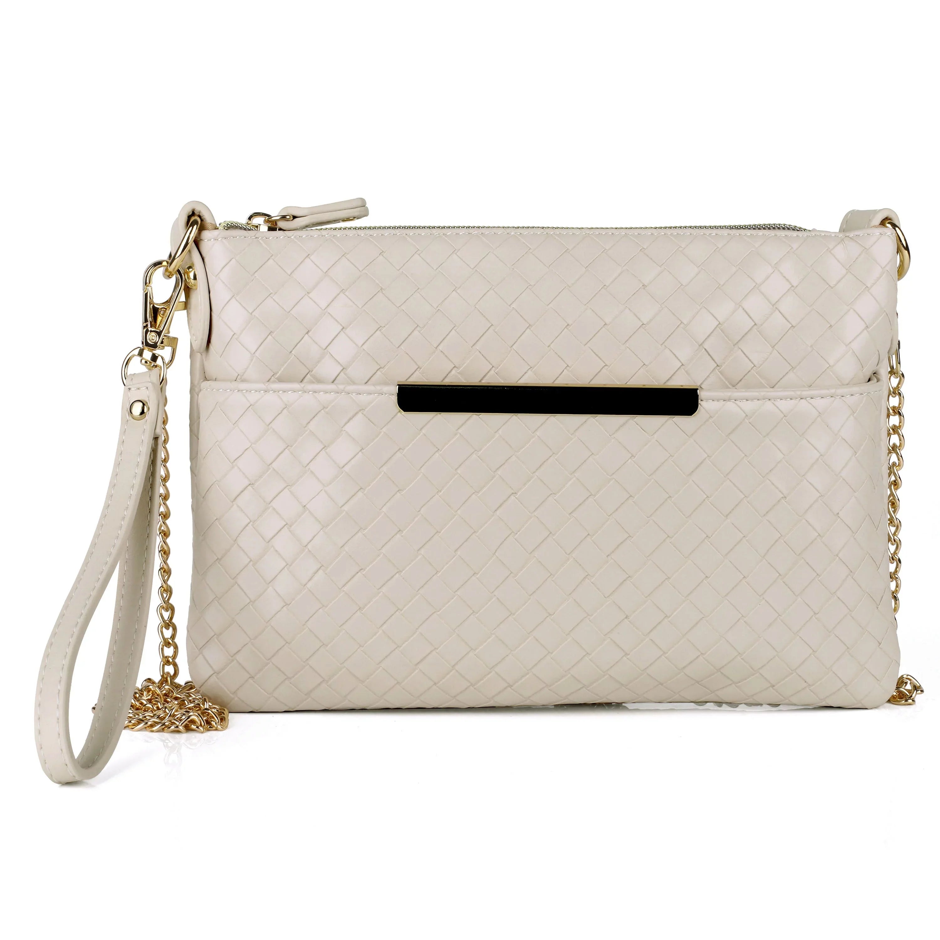 Julia Buxton Women's Basketweave Everywhere Convt Pouch Vegan Leather, White Pepper