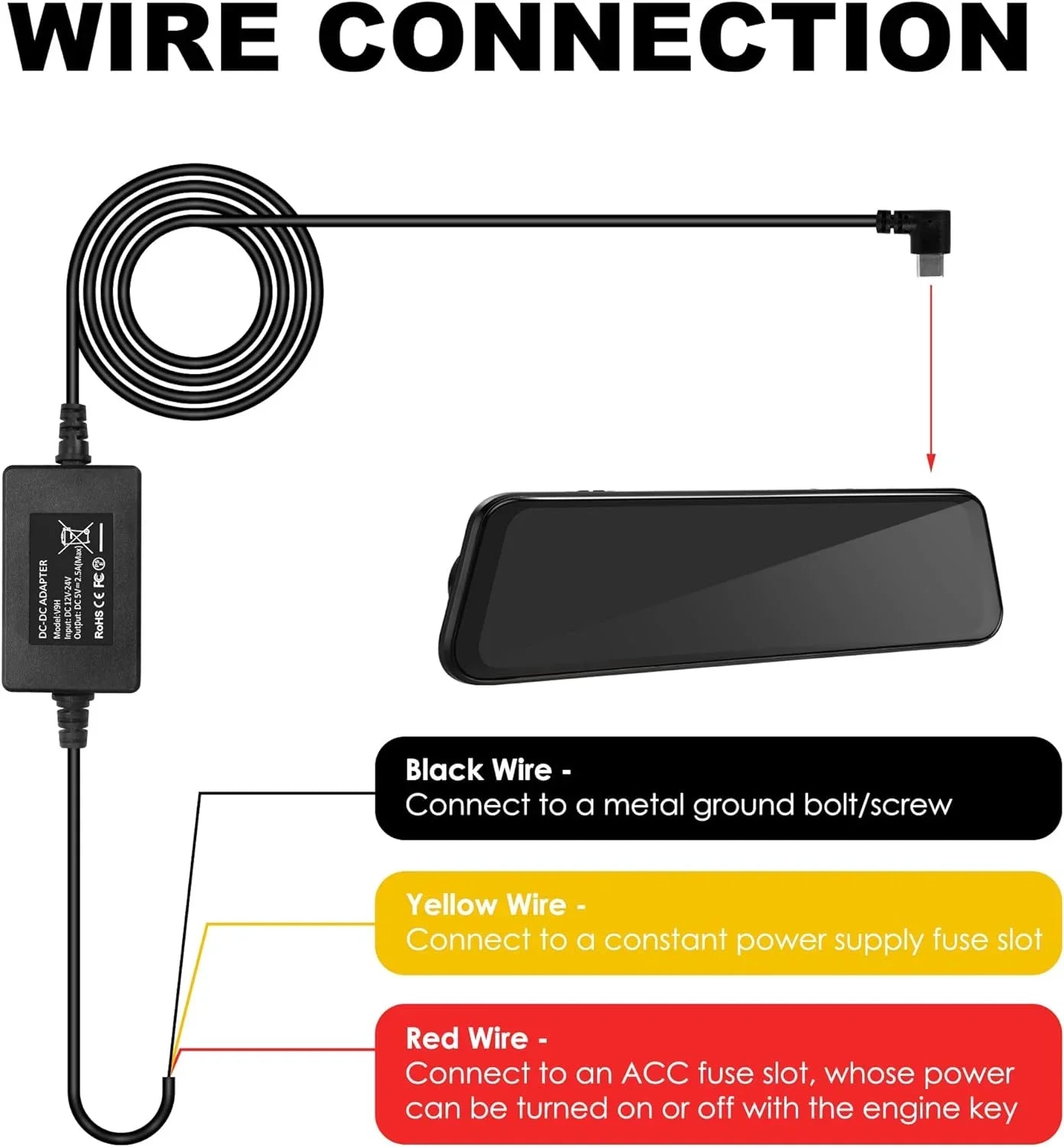 Dash Cam Hardwire Kit, Type-C Full Set Hard Wire Kit Fuse P12/P12 Pro/P10 Pro Mirror Dash Cam, 12V-24V to 5V