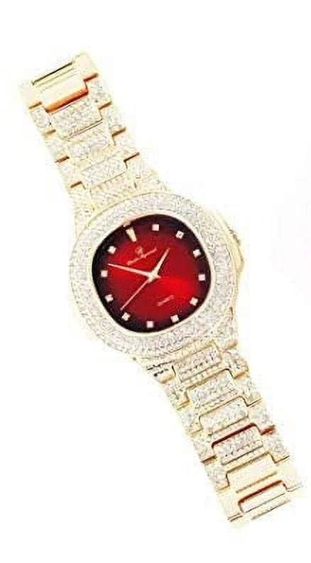 Bling'ed Out King and Queen Hip Hop Watch Set Perfect Power Couples to Flaunt On and Off The Dance Floor - ST10325/ST10364 His&Hers (Gld Blood Red)