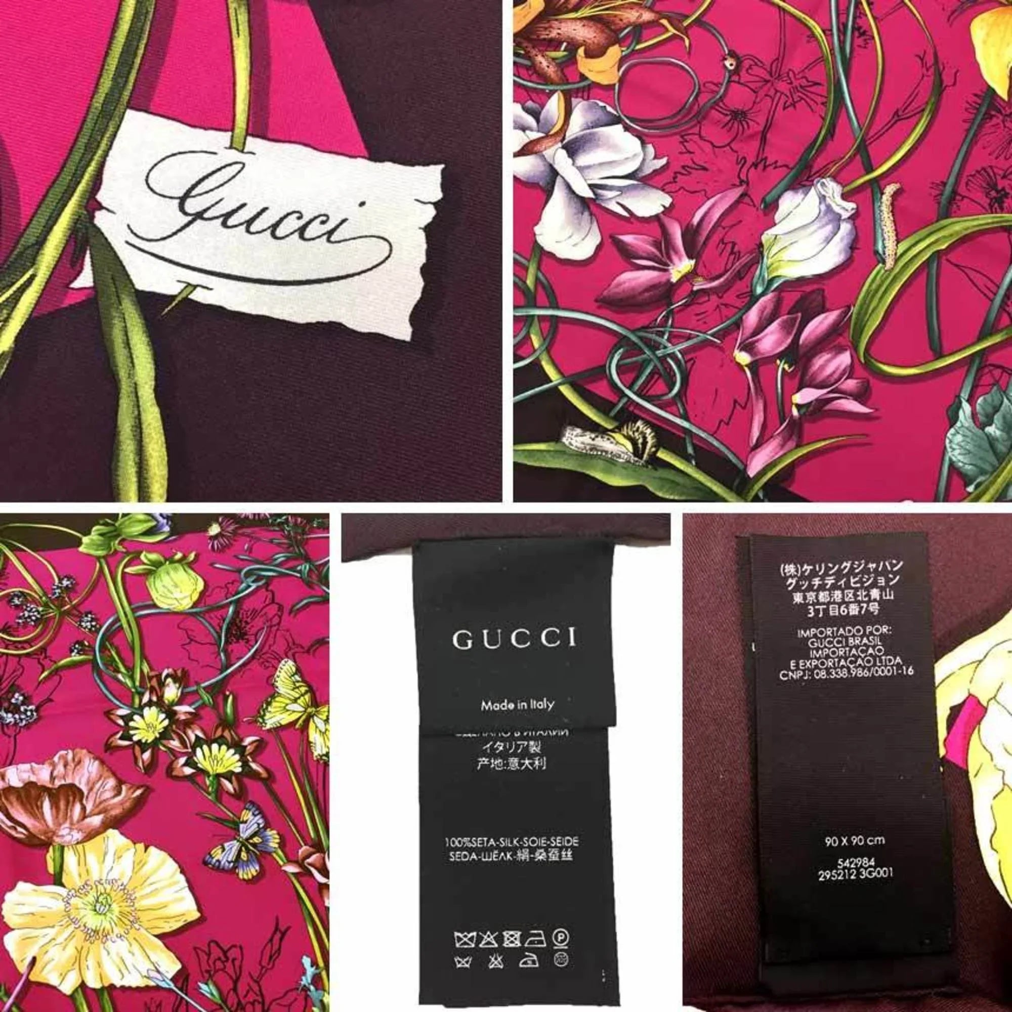 Pre-Owned GUCCI Flora Print Scarf Muffler Large Carre 100% Silk Flower Pink x Bordeaux Gucci aq9410 (Like New)