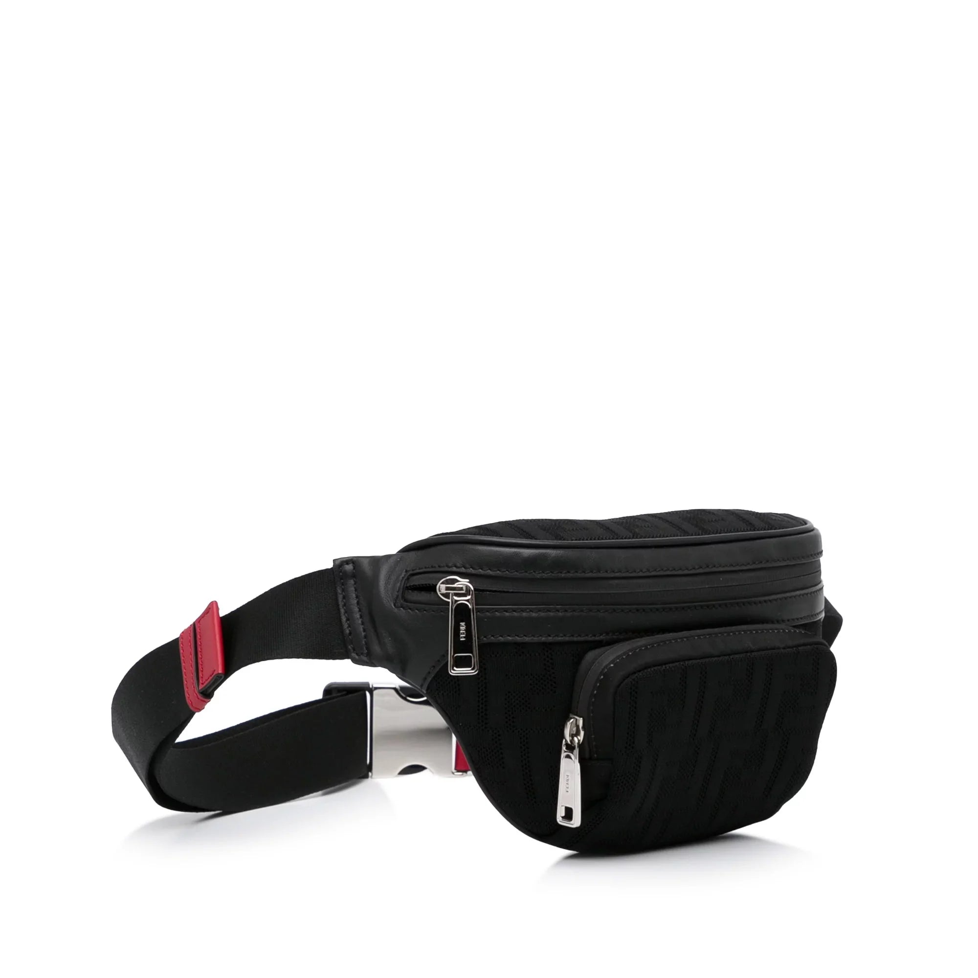 Pre-Owned Authenticated Fendi FF Neoprene Vitello Grace Perated Pocket Belt Bag Knit Fabric Black Unisex (Good)
